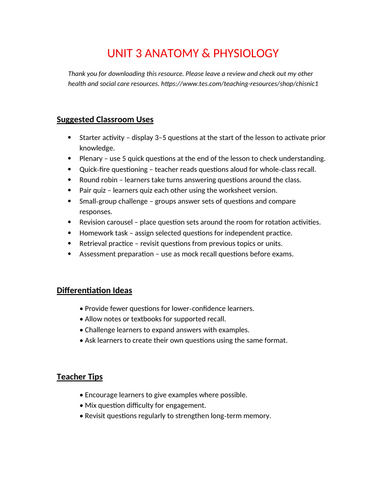 Unit 3 Anatomy & Physiology – 50 Q&A Revision Pack (Level 2 & 3 Health ...
