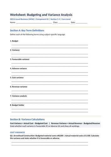 NEW 2026 OCR A Level Business H436 – 5.3 Budgeting & Variance Analysis ...