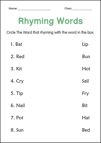 Printable Rhyming Words Activity Worksheets for Grade 1, 2, 3 ...