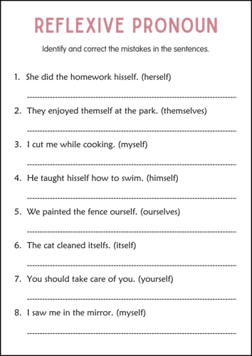 Printable Reflexive Pronouns Grammar Worksheets for Grade 3, 4, 5 | Teaching Resources