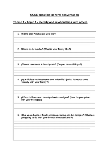 AQA GCSE Spanish general speaking questions Theme 1 Topic 1 | Teaching ...