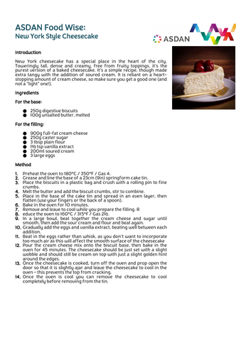ASDAN Food Wise - New York Cheesecake Recipe | Teaching Resources