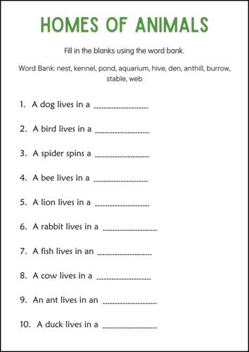 Homes of Animals Activity Worksheets for Grade 2, 3, 4 - Animals and ...