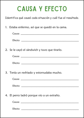 Cause and Effect Worksheets in Spanish - Hojas de Trabajo de Causa y ...
