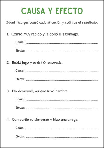 Cause and Effect Worksheets in Spanish - Hojas de Trabajo de Causa y ...