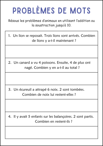 Addition and Subtraction Word Problems Within 10 Worksheets in French ...