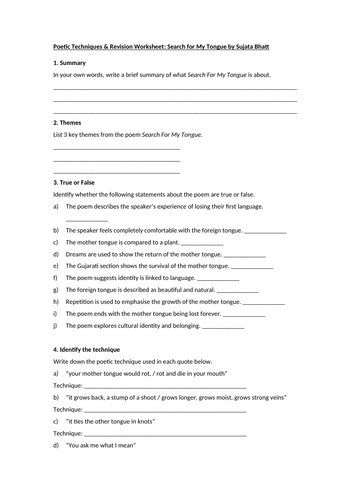 Search for My Tongue by Sujata Bhatt Worksheet
