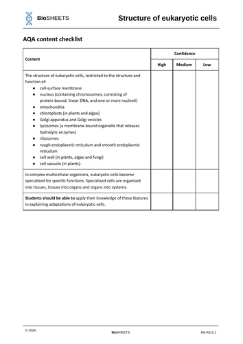 AQA A-Level Biology: 2.1 Structure of eukaryotic cells – BioSHEETS ...