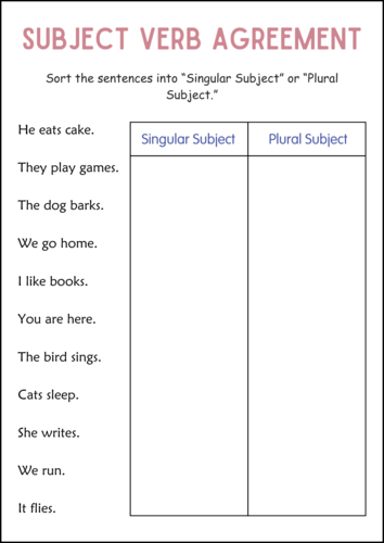 Printable Subject Verb Agreement Grammar Worksheets Practice for Grade ...