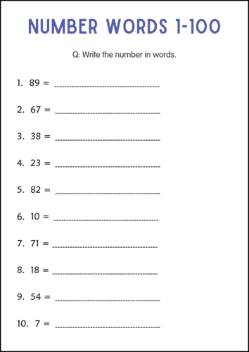 Printable Writing Number in Words 1 to 100 Worksheets for Grade 1, 2, 3 ...