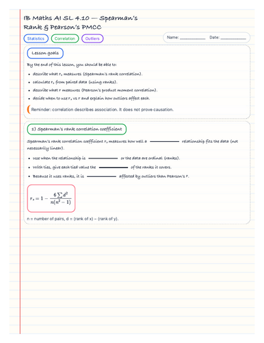 IB Maths AI SL 4.10 – Spearman’s Rank & Pearson’s PMCC Notes | Teaching ...
