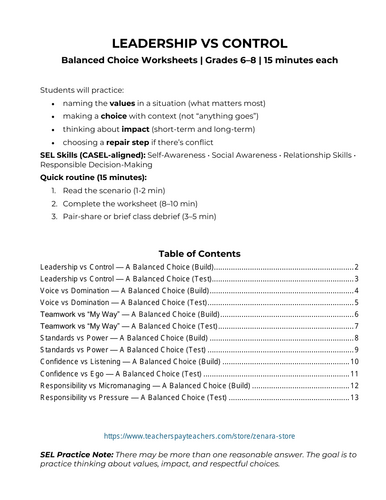 Middle School SEL Leadership vs Control 12 No-Prep 15-Min Activities ...