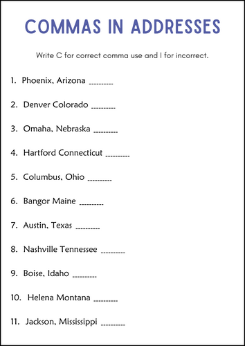 Commas in Addresses Grammar Worksheets for Grade 1, 2, 3 | Teaching ...