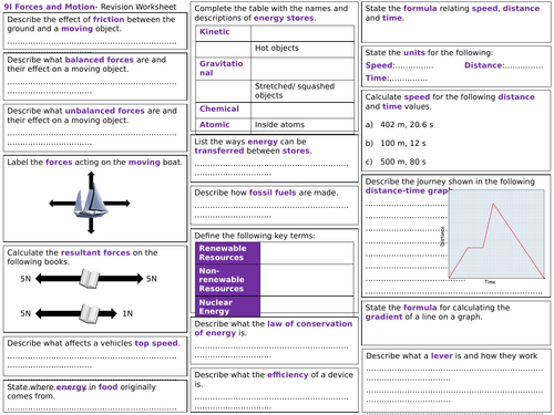Exploring Science 9I Revision Worksheet- Forces and Motion