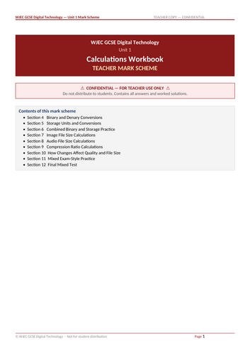 NEW 2026 WJEC GCSE Digital Technology Unit 1 Calculations Workbook ...