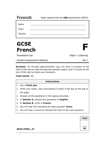 AQA GCSE French (2026) – Foundation Listening Practice Paper (Set 1)