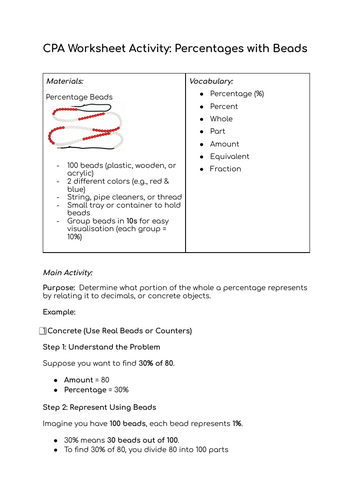 CPA Worksheet Activity: Percentages with Beads (Finding a percentage of ...