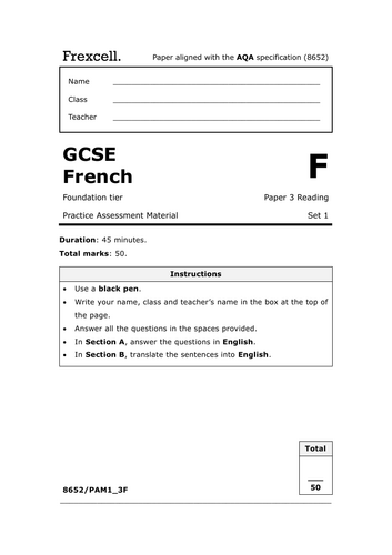 AQA GCSE French (2026) – Foundation Reading Practice Paper (Set 1)