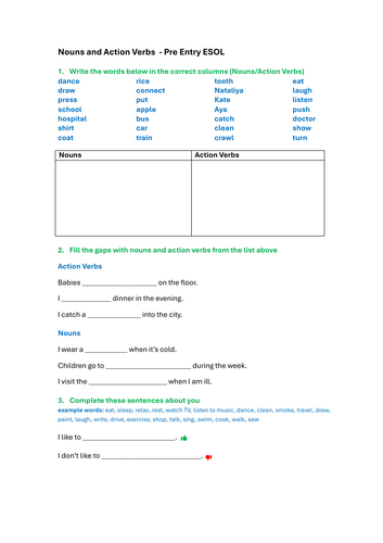 Pre-Entry ESOL Action Verbs Activities (Lesson 2) | Worksheets, Sorting ...