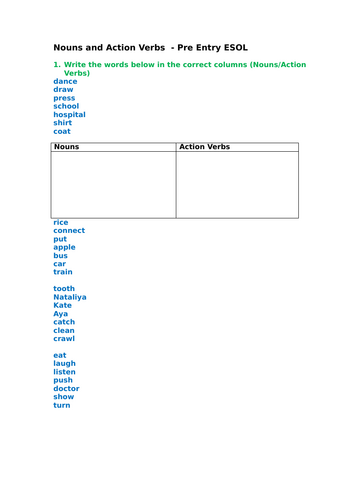 Pre-Entry ESOL Action Verbs Activities (Lesson 2) | Worksheets, Sorting ...