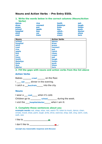 Pre-Entry ESOL Action Verbs Activities (Lesson 2) | Worksheets, Sorting ...