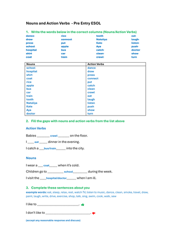 Pre-Entry ESOL Action Verbs Activities (Lesson 2) | Worksheets, Sorting ...