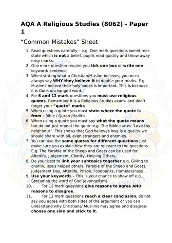 AQA A GCSE Religious Studies - Predicted Paper 1 - Stretch G7-9 ...