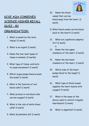 GCSE Biology B2 Organisation – 30 Low-Stakes Retrieval Questions (AQA ...