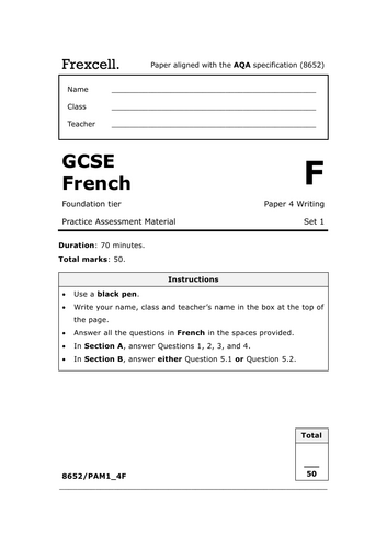 AQA GCSE French (2026) – Foundation Writing Practice Paper (Set 1)