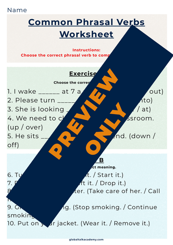 Common Phrasal Verbs Worksheet | ESL Vocabulary Activity | Answers ...