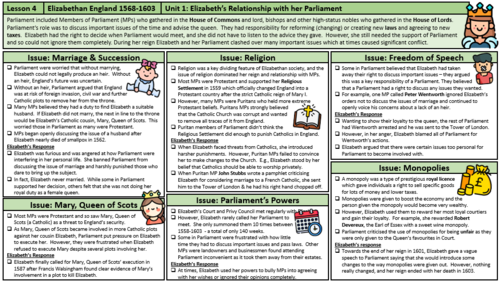 AQA Elizabethan England - Elizabeth's Relations with Parliament - GCSE ...