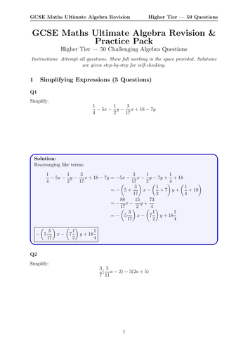 GCSE Maths Ultimate Algebra Revision & Practice Pack Higher Tier — 50 ...