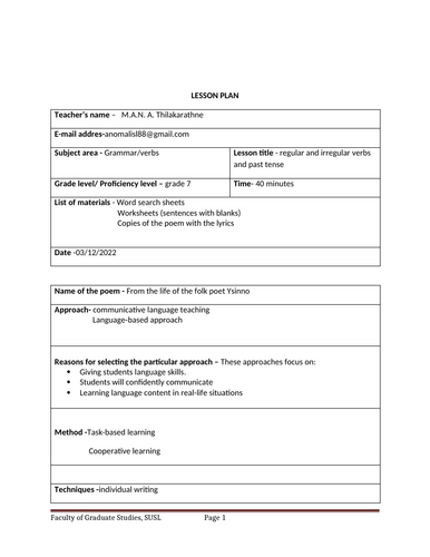 lesson plan for regular and irregular verbs | Teaching Resources