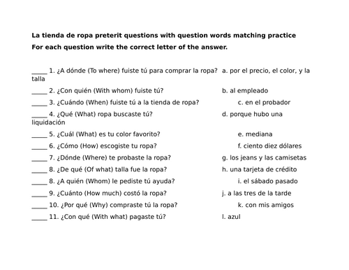 La tienda de ropa preterit questions with question words matching ...