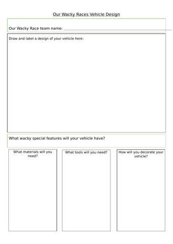 KS1 D&T Wacky Races Vehicle Design Sheet | Teaching Resources