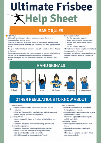 Ultimate Frisbee Help Sheet
