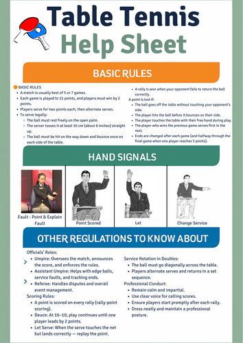 Table Tennis Help Sheet