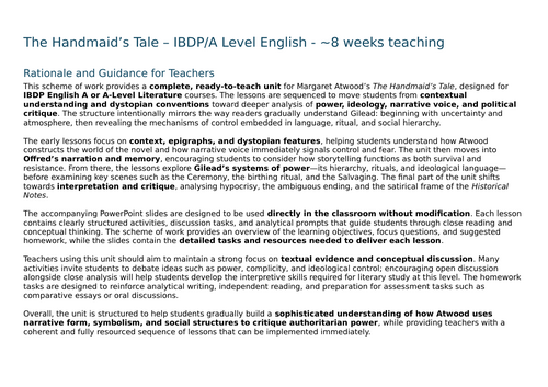 The Handmaid's Tale FULL UNIT - IBDP English A & A Level | Teaching ...