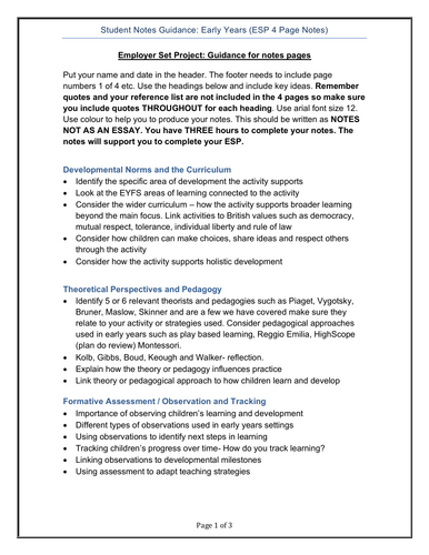 ESP Early Years Educator. Guidance for 4 pages of notes