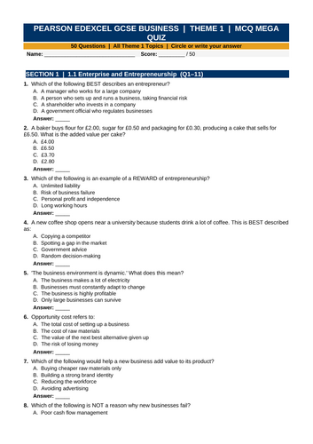 Edexcel GCSE Business Theme 1 Revision Pack | 1BS0 Exam Practice ...