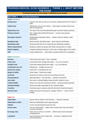 Edexcel GCSE Business Theme 1 Revision Pack | 1BS0 Exam Practice ...