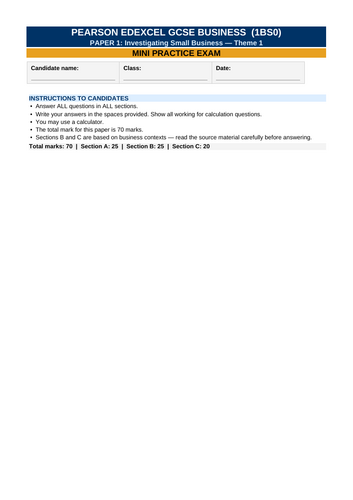 Edexcel GCSE Business Theme 1 Revision Pack | 1BS0 Exam Practice ...