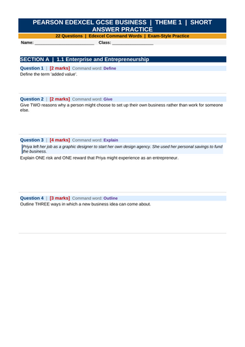 Edexcel GCSE Business Theme 1 Revision Pack | 1BS0 Exam Practice ...