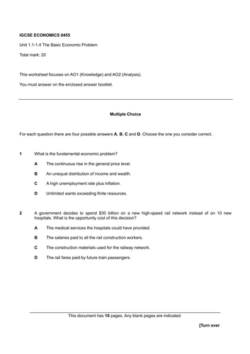 IGCSE Economics Unit 1.1: The Basic Economic Problem Worksheet PDF
