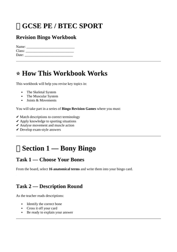 GCSE or BTEC PE Revision Bingo Workbook + Games Pack Bones | Muscles ...