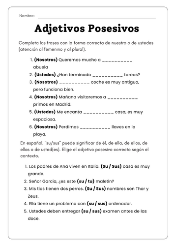 Spanish Possessive Adjectives Worksheet | Adjetivos Posesivos Spanish ...