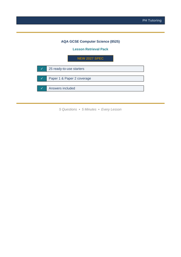 AQA GCSE Computer Science (8525) Retrieval Pack | 25 Starter Quizzes ...
