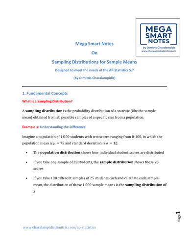 5.7 Sampling distribution for Sample means Mega Smart notes