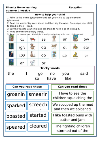 Little Wandle Phonics Homework sheets Reception Summer 2 Week 1-5 ...