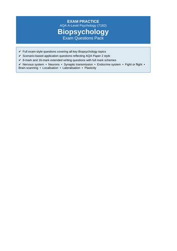 AQA A-Level Psychology (7182) — Biopsychology Exam Questions Pack ...